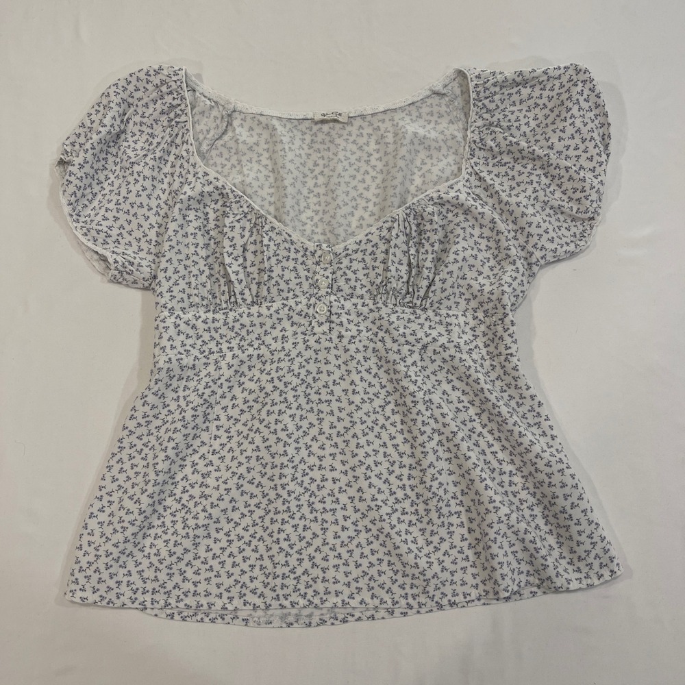 John Galt Floral Puff‎ Sleeve Top Womens One Size White Blue Smocked Cottagecore